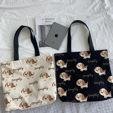 Canvas Tote Bag Cartoon Hund Druck Große Kapazität Schulter Handtasche Reißverschluss Lässig Japanischen Stil