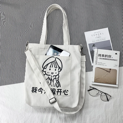 Canvas Crossbody Tas Dames Cartoon Meisje Print Brief Grafische Tote Schoudertas Casual Student Stijl Rits Sluiting