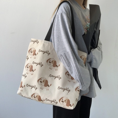 Canvas Tote Bag Cartoon Hund Druck Große Kapazität Schulter Handtasche Reißverschluss Lässig Japanischen Stil