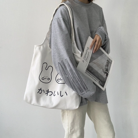 Segeltuch Umhängetasche Japanischer Stil Süßer Cartoon Druck Große Kapazität Tragetasche Für Studenten Lässig Harajuku