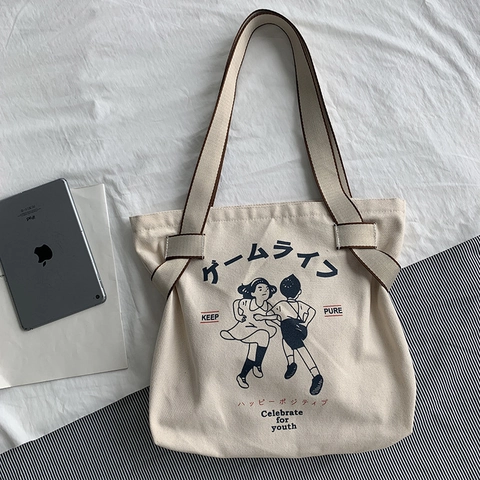 Sac Fourre-tout Vintage En Toile Grande Capacité Style Japonais Imprimé Sac À Main Épaule Pour Voyage Yoga Quotidien Femmes