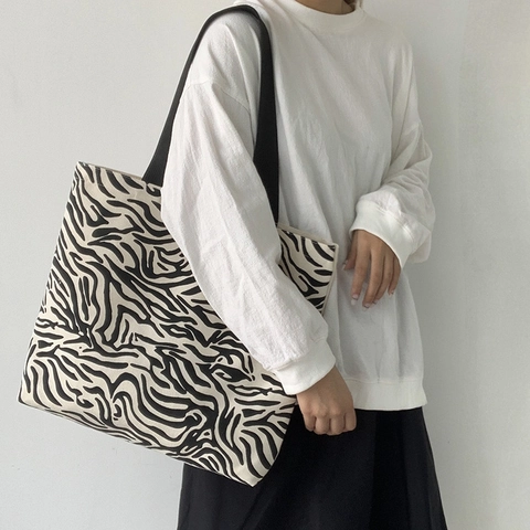 Bolso Tote De Lona Estampado De Cebra Gran Capacidad Bolso De Hombro Con Cremallera Harajuku Minimalista Para Mujeres Estudiantes