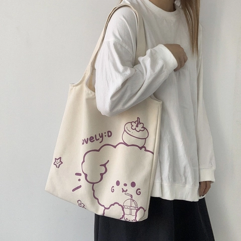 Canvas Tragetasche Cartoon Hundedruck Große Kapazität Lässige Umhängetasche Mit Plüschanhänger Für Damen Studenten