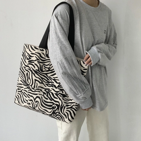 Bolso Tote De Lona Estampado De Cebra Gran Capacidad Bolso De Hombro Con Cremallera Harajuku Minimalista Para Mujeres Estudiantes