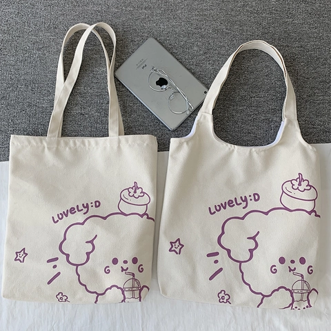 Canvas Tragetasche Cartoon Hundedruck Große Kapazität Lässige Umhängetasche Mit Plüschanhänger Für Damen Studenten