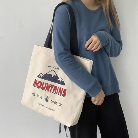 Borsa Tote In Tela Grande Capacità Stampa Montagna Retro Borsa A Spalla Casual Con Cerniera Per Donne Studentesse Scuola