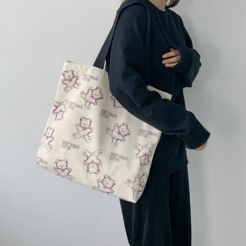 Süße Lila Teddybär Leinwand Tote Bag Große Kapazität Reißverschluss Schulterhandtasche Japanischen Harajuku Stil Studentinnen