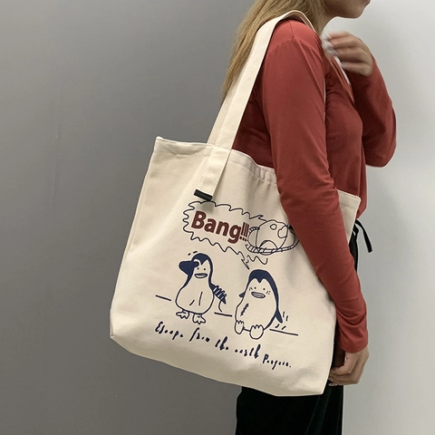 Grote Capaciteit Canvas Draagtas Cartoon Pinguïn Print Retro Japanse Stijl Student Schoudertas Casual Handtas