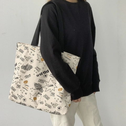 Canvas Totebag Große Kapazität Damen Schultertasche Japanischer Harajuku Comic Graffiti Druck Reißverschluss Handtasche