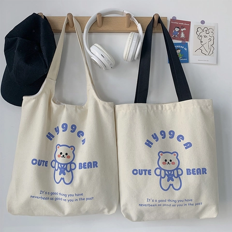 Cute Cartoon Bear Print Canvas Tote Bag Large Capacity Shoulder Handbag Japanese Style School Book Bag For Women