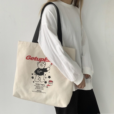 Borsa Tote In Tela Grande Capacità Borsa A Spalla Donna Con Stampa Orso Cartone Animato E Lettere Retro Harajuku
