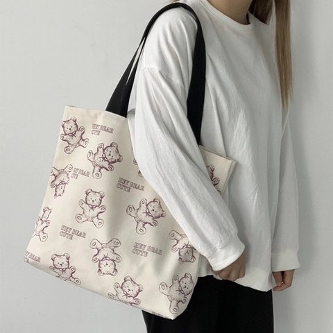 Süße Lila Teddybär Leinwand Tote Bag Große Kapazität Reißverschluss Schulterhandtasche Japanischen Harajuku Stil Studentinnen