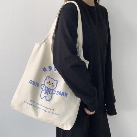 Cute Cartoon Bear Print Canvas Tote Bag Large Capacity Shoulder Handbag Japanese Style School Book Bag For Women