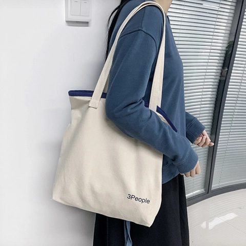 Canvas Einkaufstasche Mit Buchstabenaufdruck Große Kapazität Reißverschluss Schulterhandtasche Einfacher Lässiger Stil