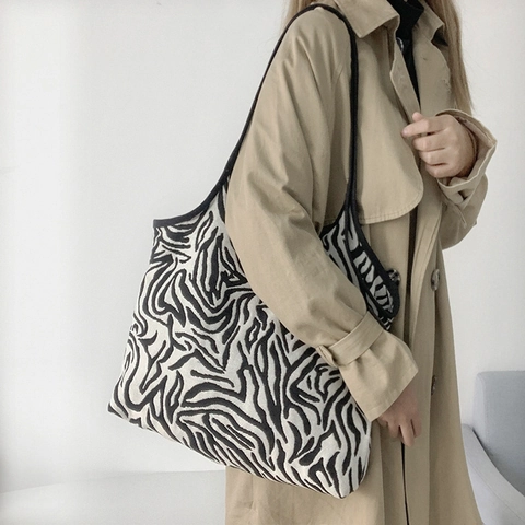 Große Kapazität Zebra Muster Leinwand Tote Bag Für Frauen Minimalistische Vintage Umhängetasche Täglich Pendeln Lässige Handtasche