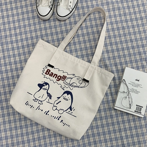 Grote Capaciteit Canvas Draagtas Cartoon Pinguïn Print Retro Japanse Stijl Student Schoudertas Casual Handtas