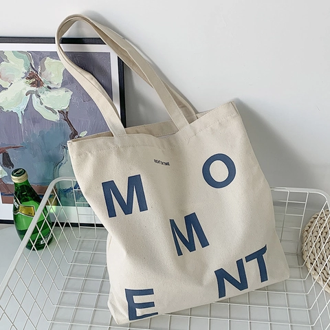 Canvas Tote Bag Large Capacity Letter Print Moment Zipper Shoulder Handbag Urban Minimalist For Women