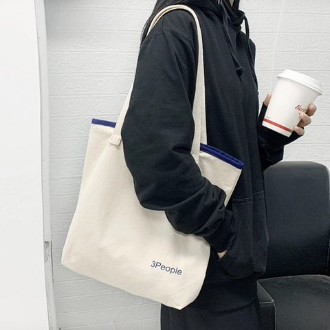 Canvas Einkaufstasche Mit Buchstabenaufdruck Große Kapazität Reißverschluss Schulterhandtasche Einfacher Lässiger Stil