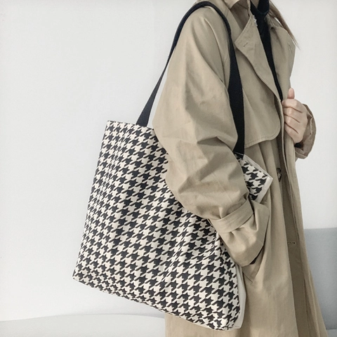 Borsa Tote In Tela Grande Capacità Motivo Pied-De-Poule Borsa A Spalla Retro Con Cerniera Per Donna Pendolare