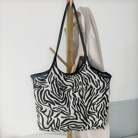 Große Kapazität Zebra Muster Leinwand Tote Bag Für Frauen Minimalistische Vintage Umhängetasche Täglich Pendeln Lässige Handtasche