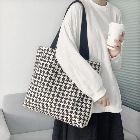 Borsa Tote In Tela Grande Capacità Motivo Pied-De-Poule Borsa A Spalla Retro Con Cerniera Per Donna Pendolare