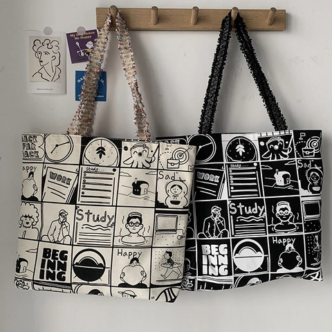 Große Canvas Tote Bag Comic Druck Vintage Graffiti Schultertasche Retro Handtasche Shopper Für Damen