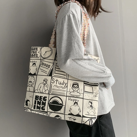 Große Canvas Tote Bag Comic Druck Vintage Graffiti Schultertasche Retro Handtasche Shopper Für Damen