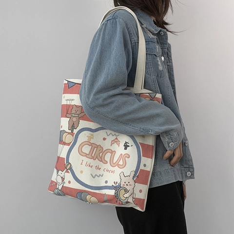 Cartoon Zirkus Print Canvas Tote Bag Gestreift Große Kapazität Schulterhandtasche Für Frauen Studenten Lässig Reißverschluss