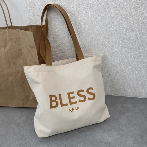 Borsa Tote In Tela Grande Capacità Stampa Lettere Minimalista Chiusura Lampo Borsa A Spalla Per Scuola Quotidiano