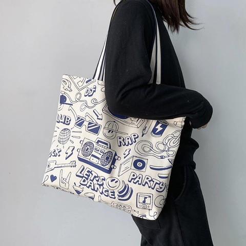 Große Kapazität Canvas Einkaufstasche Retro Musik Graffiti Druck Harajuku Ästhetik Schulterhandtasche Für Frauen Student Reißverschluss