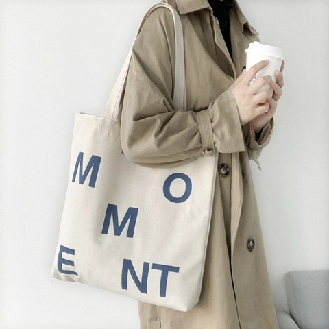 Canvas Tote Bag Large Capacity Letter Print Moment Zipper Shoulder Handbag Urban Minimalist For Women