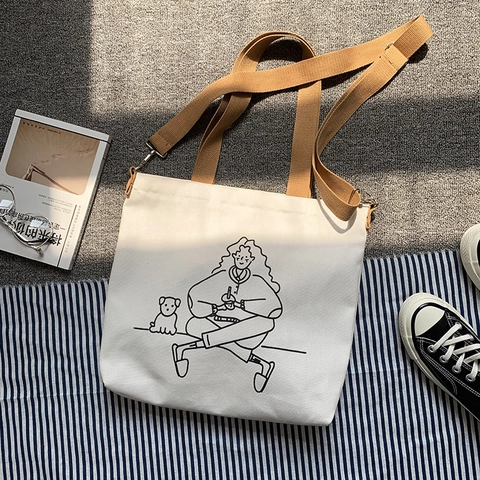 Canvas Tote Tasche Damen Große Kapazität Schultertasche Umhängetasche Cartoon Illustration Verstellbarer Abnehmbarer Gurt