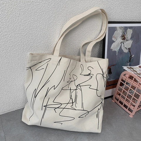 Bolso Tote De Lona Para Mujer Estampado Arte Línea Abstracta Gran Capacidad Bolso De Hombro Cremallera Minimalista