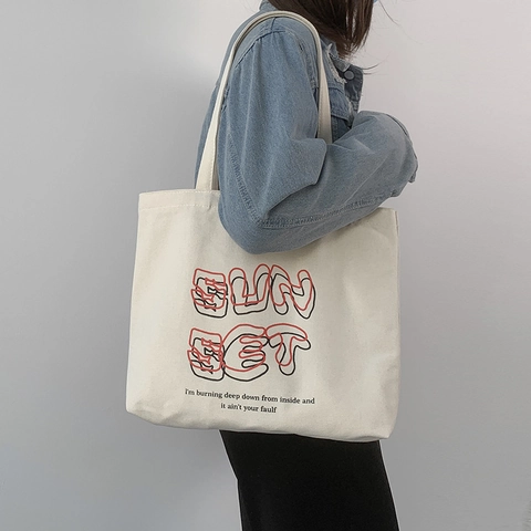 Borsa Tote In Tela Sun Set Stampa Lettere Artistiche Grande Capacità Cerniera Casual Donna Spalla Borsa A Mano