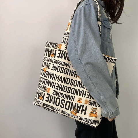 Borsa Tote In Tela Con Stampa Orso E Lettere Grande Capacità Cerniera Borsa A Spalla Casual Per Donne Studenti