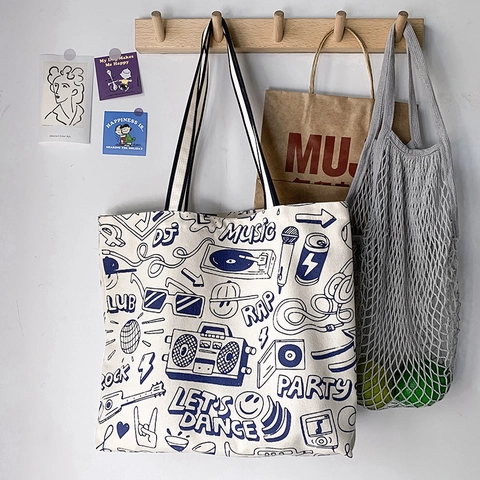 Große Kapazität Canvas Einkaufstasche Retro Musik Graffiti Druck Harajuku Ästhetik Schulterhandtasche Für Frauen Student Reißverschluss