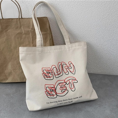 Borsa Tote In Tela Sun Set Stampa Lettere Artistiche Grande Capacità Cerniera Casual Donna Spalla Borsa A Mano