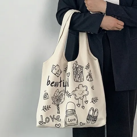 Borsa Tote Da Donna In Tela Illustrazione Fatta A Mano Borsa A Spalla Grande Capacità Retro Vintage Studente Casual