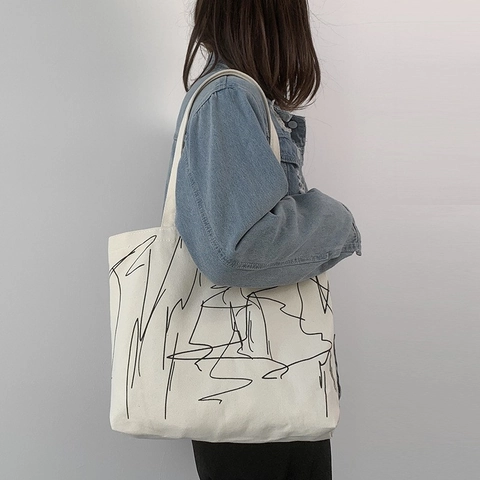 Bolso Tote De Lona Para Mujer Estampado Arte Línea Abstracta Gran Capacidad Bolso De Hombro Cremallera Minimalista