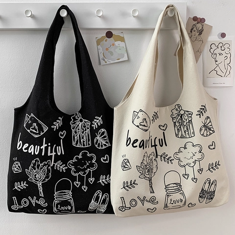 Borsa Tote Da Donna In Tela Illustrazione Fatta A Mano Borsa A Spalla Grande Capacità Retro Vintage Studente Casual