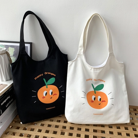 Borsa Tote In Tela Donna Grande Capacità Stampa Arancia Cartone Animato Stile Giapponese Artistico Borsa Scuola