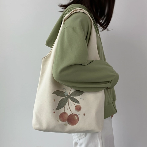 Canvas Tote Tasche Kirschdruck Große Kapazität Ästhetische Lässige Schulterhandtasche Für Frauen Studenten