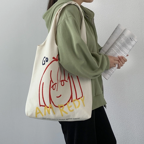 Artistieke Dames Canvas Tote Bag Grote Capaciteit Cartoon Meisje Print Schoudertas Japanse Ins Stijl Student Schooltas