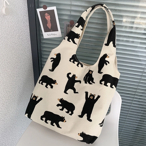 Canvas Tote Bag Creme Beige Bären Print Große Kapazität Breiter Schultergurt Handtasche Student Lässig Einkaufstasche