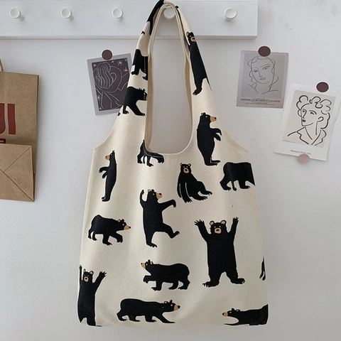 Canvas Tote Bag Creme Beige Bären Print Große Kapazität Breiter Schultergurt Handtasche Student Lässig Einkaufstasche