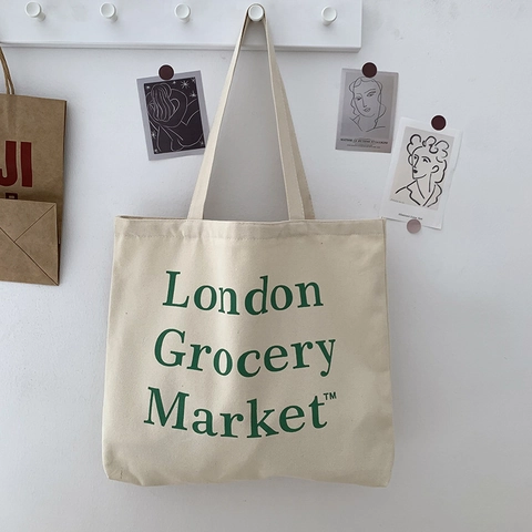 Borsa Tote In Tela Grande Capacità London Grocery Market Stampa Cerniera Borsa A Tracolla Stile Vintage Donne