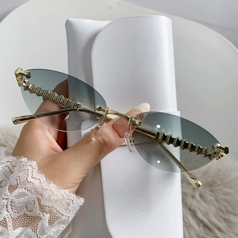 Cat Eye Sunglasses Women Rimless Metal Studded Temples UV400 Protection Trendy Y2K Punk Retro Gradient Lens Eyewear