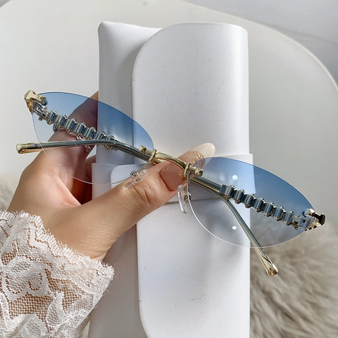 Cat Eye Sunglasses Women Rimless Metal Studded Temples UV400 Protection Trendy Y2K Punk Retro Gradient Lens Eyewear