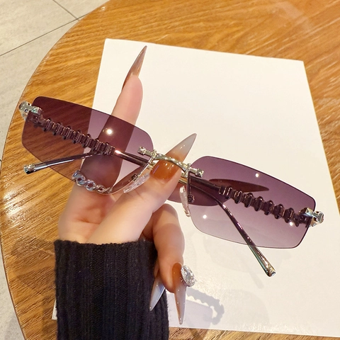 Vintage Rimless Rectangle Sunglasses Women Metal Rivet Temples UV400 Gradient AC Lens Retro Y2K Fashion Eyewear