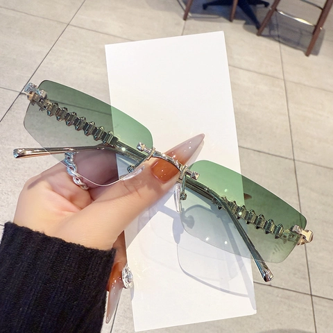 Vintage Rimless Rectangle Sunglasses Women Metal Rivet Temples UV400 Gradient AC Lens Retro Y2K Fashion Eyewear